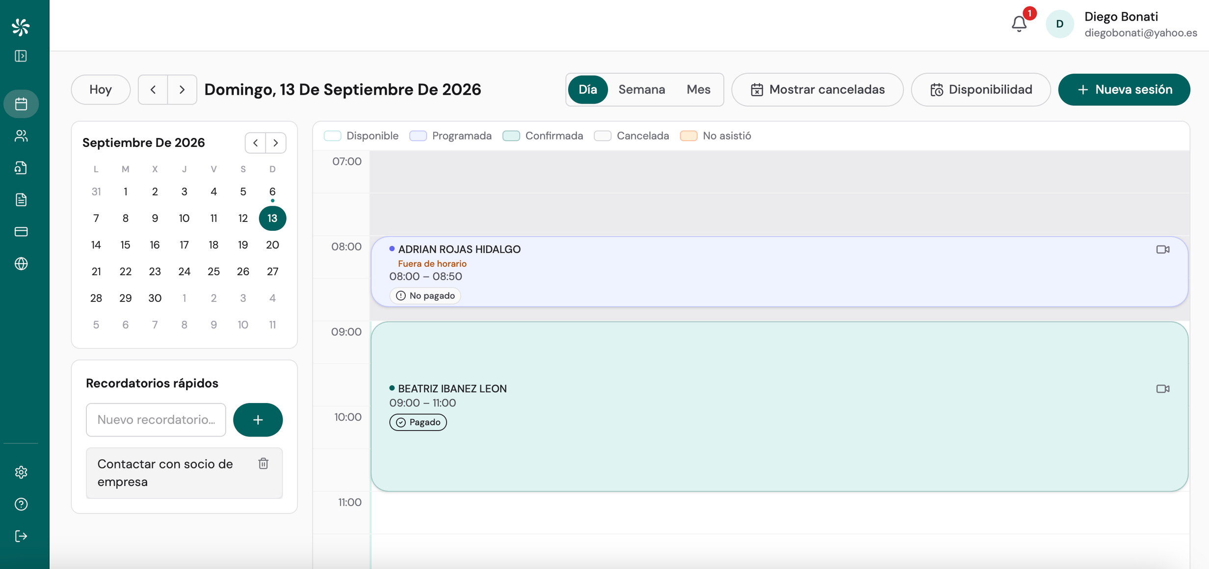 Vista del calendario de Serena con sesiones, recordatorios y videollamadas.